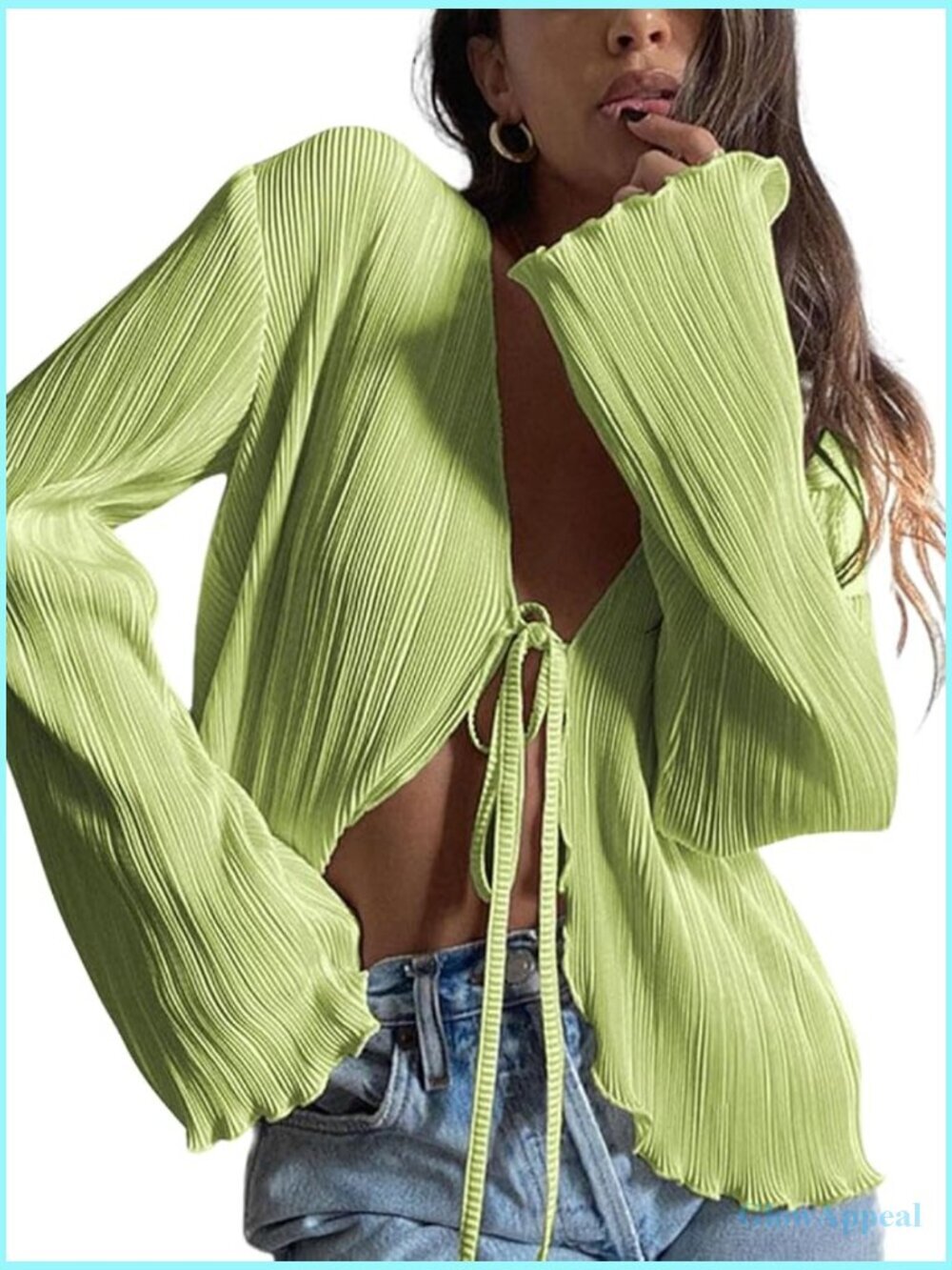 Deep V Neck Tie Front Blouse Flare Sleeve Plisse Pleated Shirt Y2k Vintage
